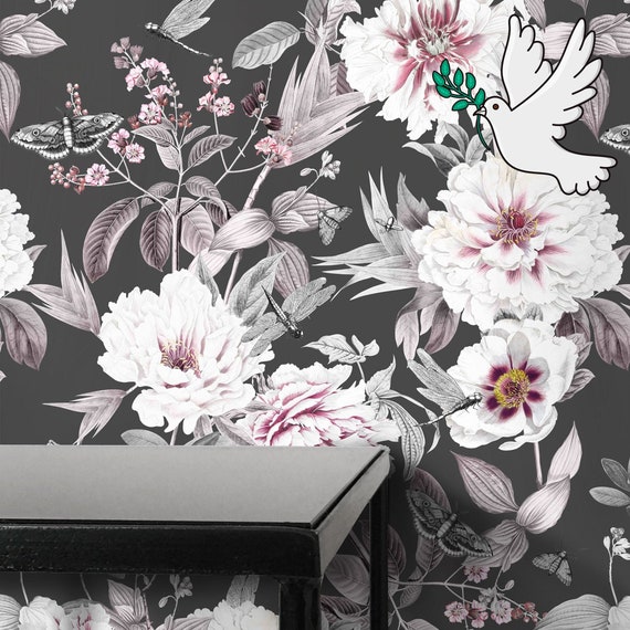 Black Romantic Peonies Wallpaper, Dark floral shabby chic peony wall decor