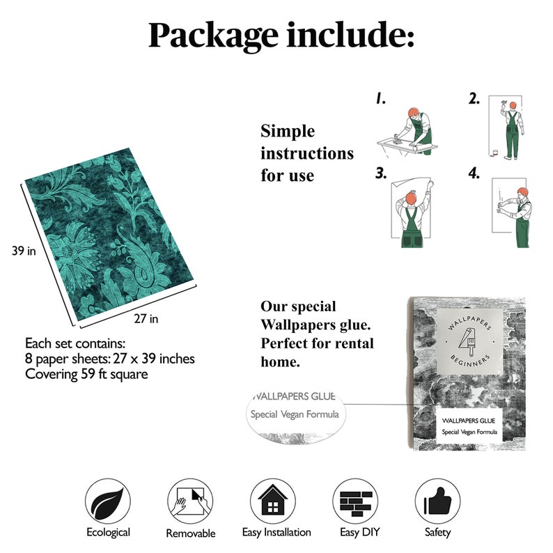 Pode incluir: Papel de parede floral azul-petr&oacute;leo e verde com instru&ccedil;&otilde;es de uso, cola e um guia para iniciantes. O papel de parede mede 68,6 cm por 99,1 cm e cobre 5,5 metros quadrados.