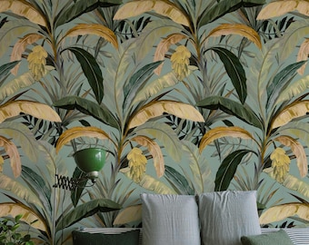 Junglebehang met bananenbladprint, verwijderbare muurkunst tropisch regenwoud, bananenbladerenbehang voor strandhuisdecor