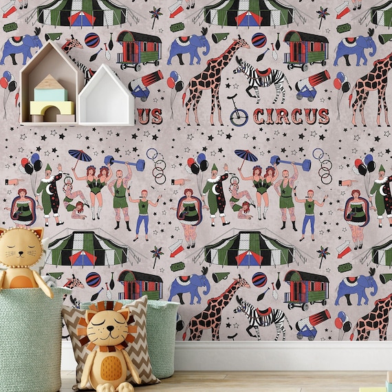 Circus Themed Kids Wallpaper – Soft Color Vintage Children’s Room Decor, Circus Theme Nursery Wall Mural