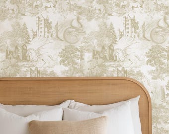 Dragon Fantasy Wallpaper Toile de Jouy – Medieval Castle with Unicorns in 4 Colors, Whimsical Wall Decor for Kids & Adults