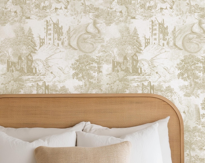Dragon Fantasy Wallpaper Toile de Jouy – Medieval Castle with Unicorns in 4 Colors, Whimsical Wall Decor for Kids & Adults