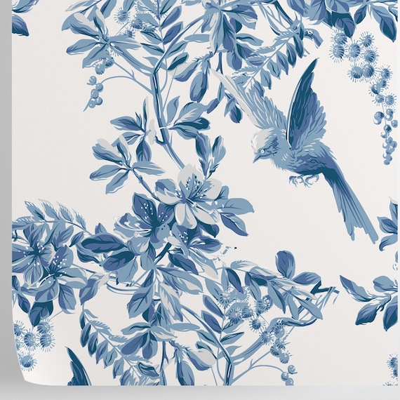 Serene Blue and White Bucolic Branches with Birds Wallpaper - Nature-Inspired Wall Decor for a Peaceful and Charming Ambiance
