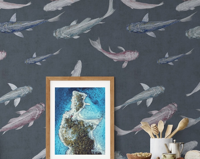 Dark Koi Print Wallpaper, Feng Shui, Japanese art Fishes Watercolor Wallpaper, Asian Decor
