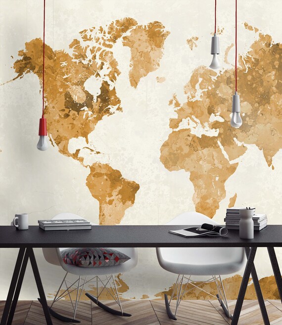 Watercolor World Map Wallpaper for Apartment Home Decor, Natural Tones Vintage Wall Decor