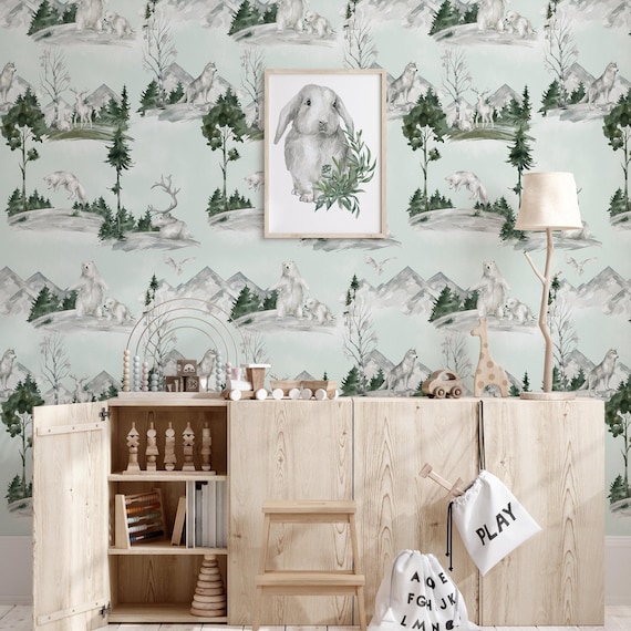 Winter Woodland Nursery Wallpaper – Kids Forest Animals Wall Decor, Backwoods Rustic Wall Art for Baby Room