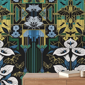Carta da Parati Art Deco Gotica - Design di Pipistrelli e Fiori in Blu e Oro