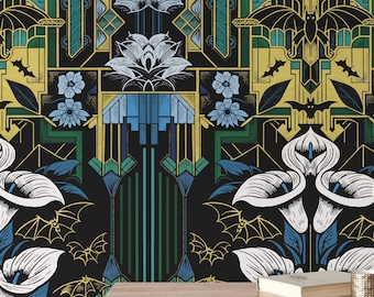 1920s Art Deco Gothic Wallpaper, Luxurious Blue Cobalt and Gold Bat Wallpaper, Art Deco Gothic Style