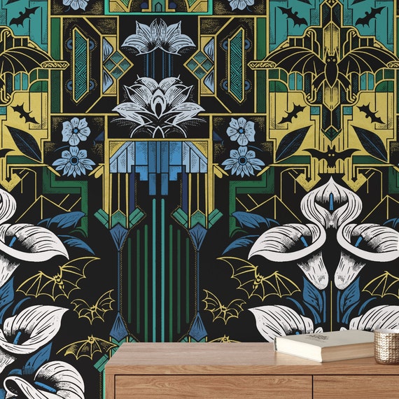 1920s Art Deco Gothic Wallpaper, Luxurious Blue Cobalt and Gold Bat Wallpaper, Art Deco Gothic Style
