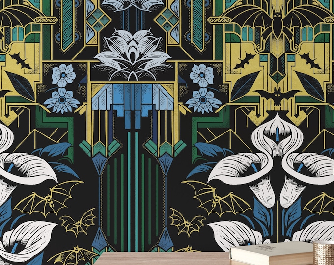 1920s Art Deco Gothic Wallpaper, Luxurious Blue Cobalt and Gold Bat Wallpaper, Art Deco Gothic Style