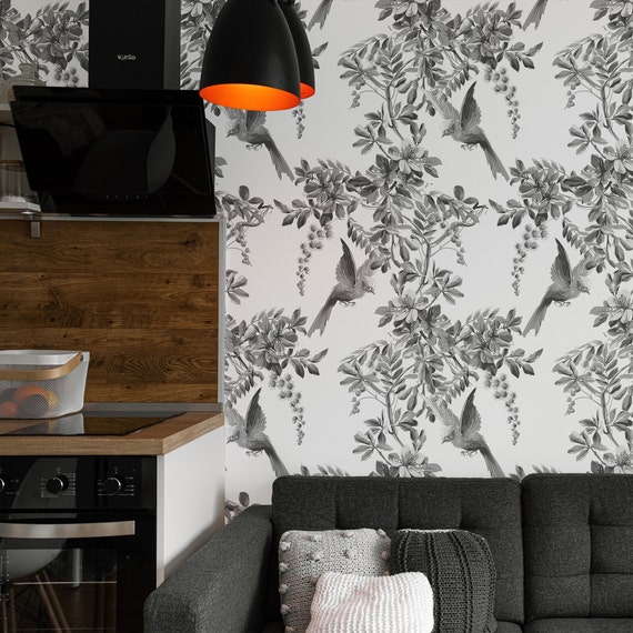 Worcester Art French wallpaper, Vintage Garden Flowers and Birds, Sparrow black and white Wall Decor