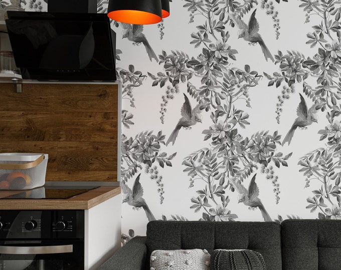 Worcester Art French wallpaper, Vintage Garden Flowers and Birds, Sparrow black and white Wall Decor