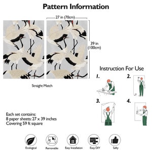 May include: Wallpaper panels featuring a crane design. Each panel is 70 cm wide and 100 cm tall. The image also includes instructions for use and icons indicating ecological, removable, easy installation, and safety features.