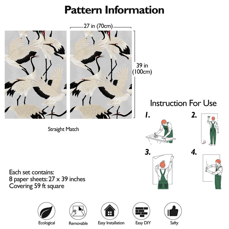 May include: Wallpaper panels featuring a crane design. Each panel is 70 cm wide and 100 cm tall. The image also includes instructions for use and icons indicating ecological, removable, easy installation, and safety features.