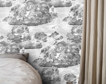 Dreamy Clouds - Handcrafted Etching Wallpaper in Gray and White, Vintage Cloud Wallpaper