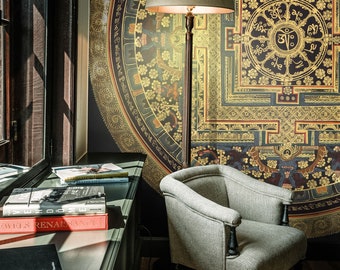 Black Mandala Temporary Wallpaper with Golden Details, Vintage Illustration Large Spiritual wall art
