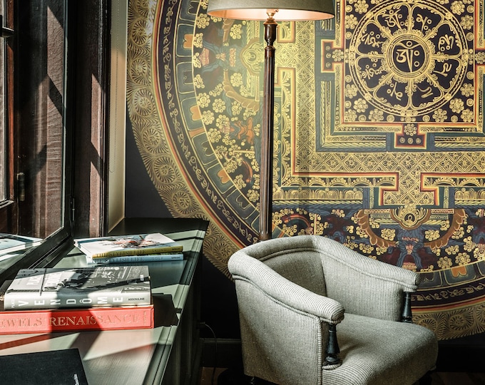 Black Mandala Temporary Wallpaper with Golden Details, Vintage Illustration Large Spiritual wall art