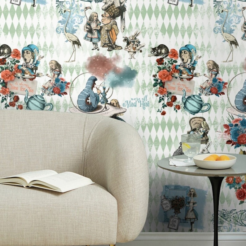 May include: A white and green wallpaper with a repeating pattern of Alice in Wonderland characters and imagery. The characters include the Mad Hatter, the Queen of Hearts, the Cheshire Cat, and Alice. The imagery includes teacups, roses, playing cards, and a flamingo. The wallpaper has a diamond pattern background.
