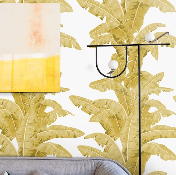Tropical Palm Leaf Wallpaper in Yellow and White Background , Banana Leaves Decor Accent Feature Wall