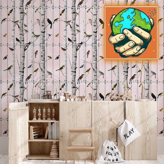 Vintage Birds Wallpaper with Hand drawn Birds in cages, Birch Tree Wallpaper