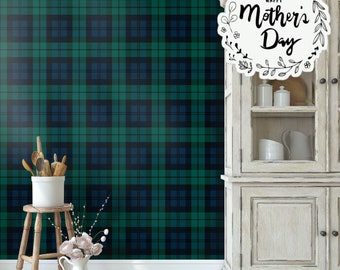 Green Gingham Vintage Plaid Texture Wallpaper, Black and White Plaid Country Decor, Checked Gingham Wall Art