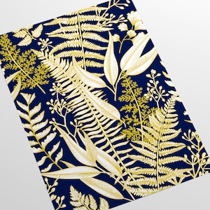 May include: A seamless pattern featuring gold-colored fern leaves and other botanical elements on a dark blue background.