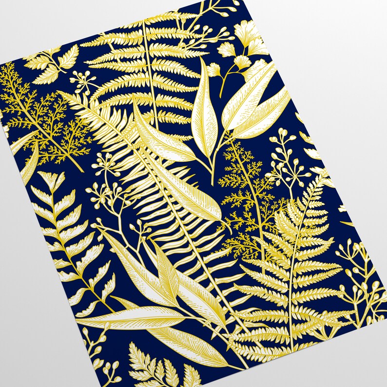 May include: A seamless pattern featuring gold-colored fern leaves and other botanical elements on a dark blue background.