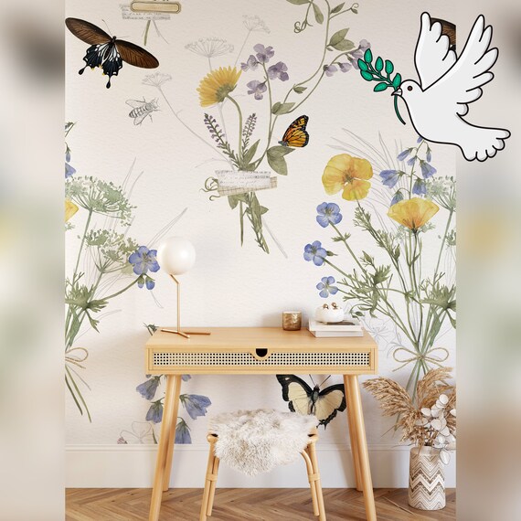 Watercolor Floral Meadow Wallpaper with Butterfly, Flowers Nursery Decor, Colorful Boho Delicate Wall Decor