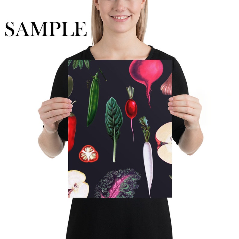 May include: A black background with a repeating pattern of various vegetables and fruits. The pattern includes red radishes, green peas, red and green peppers, white radishes, red beets, green leafy vegetables, and white apples.