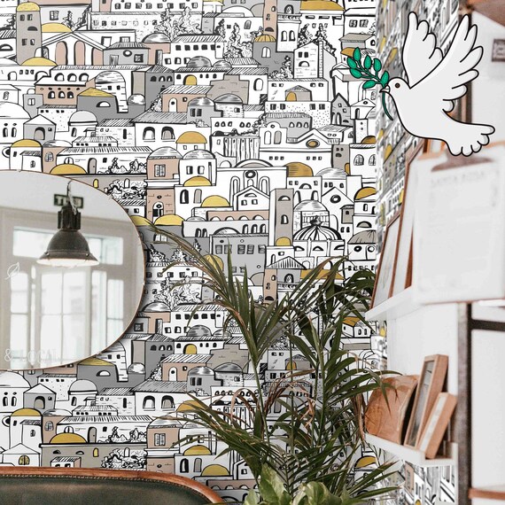 DIY Mediterranean Cityscape Wallpaper, Black and White Living Room Decor, Vintage Print for Hallway Wall