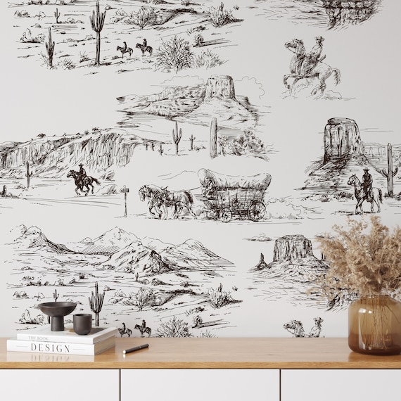 Western Aesthetic Vintage Wallpaper, Desert Wall Decor with Vintage Cowboy and Horses in Retro Comics Style