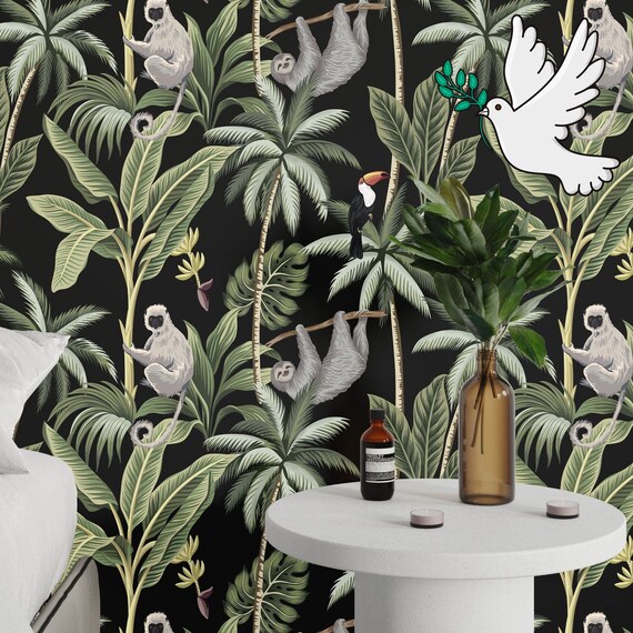 Tropical Jungle Wallpaper with Monkeys and Parrots, Rainforest Animals Accent wall Tropical Decor