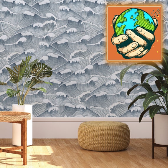 Hand-drawn Blue and White Japanese Wave Wallpaper - Serene Oceanic Wall Decor for a Zen Ambience, Whimsical Marine Wallpaper