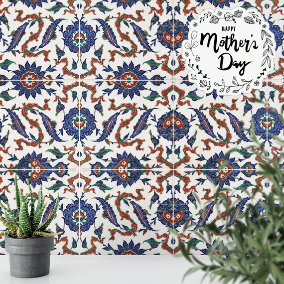 Talavera Tile Wall Decor, Kitchen Removable Wallpaper with Blue and Red Texture
