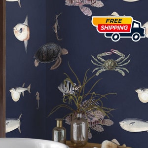 Dark Fish Wallpaper for Feature Wall, Whimsical Design Temporary Wall art, Cobalt Blue Decor