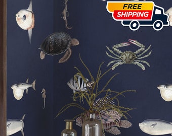 Dark Fish Wallpaper for Feature Wall, Whimsical Design Temporary Wall art, Cobalt Blue Decor