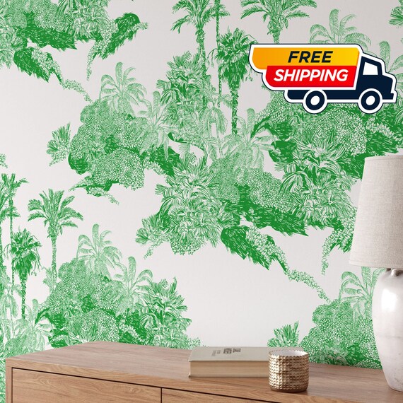 Tropical Green Toile de Jouy Wallpaper - Exquisite Nature-Inspired Wall Decor for a Lush and Serene Ambiance