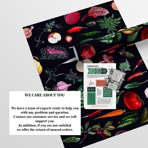 May include: A black and white illustration of a variety of fruits and vegetables, including apples, tomatoes, peppers, and onions. The illustration is on a black background and is surrounded by a white border. The text "WE CARE ABOUT YOU" is at the top of the image. The text below reads "We have a team of experts ready to help you with any problem and question. Contact our customer service and we will support you. In addition, if you are not satisfied we offer the return of unused orders."
