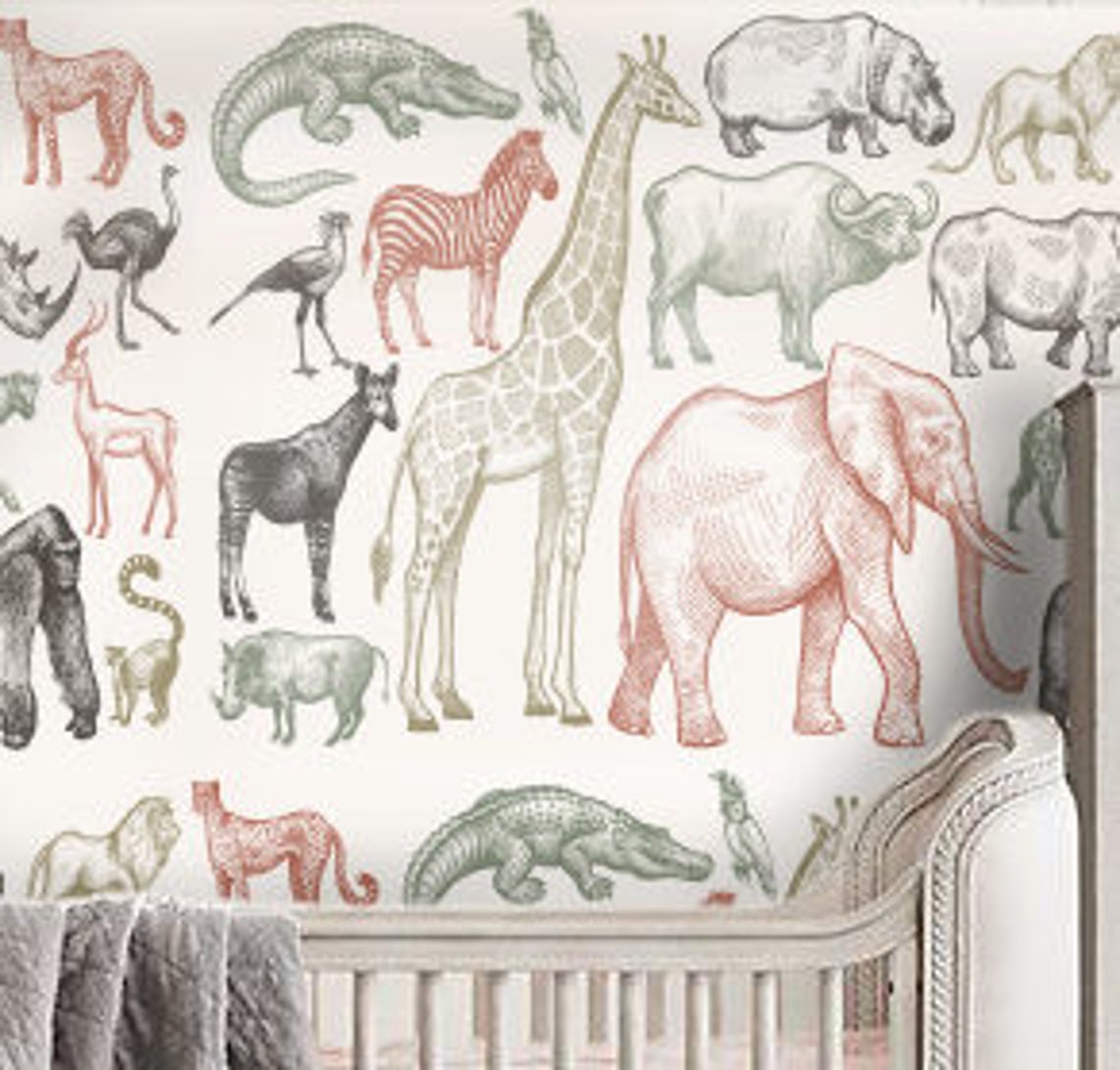 Wild Animal Nursery Wallpaper Neutral Tones Kids Room Decor Etsy