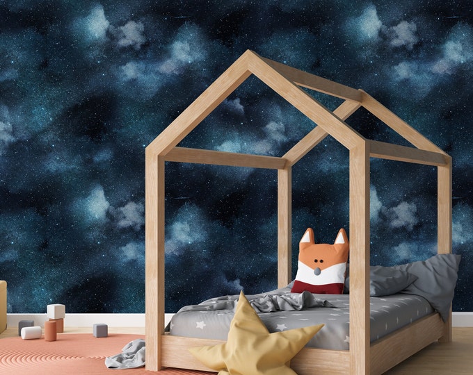 Upon A Star Night Sky constellation Nebula Wallpaper, Nursery kid Blue Wallpaper, Fantastic Starry sky wall decor
