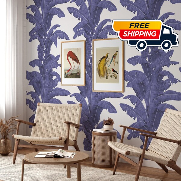 Papier peint amovible de feuilles tropicales bleues, peinture murale de feuille de palmier bleue, art mural de plantes exotiques vintage