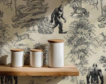 Mystical Bigfoot Toile de Jouy Wallpaper, Enchanted Forest Scenes, Classic Wall Decor with Sasquatch, Yety Wall Art
