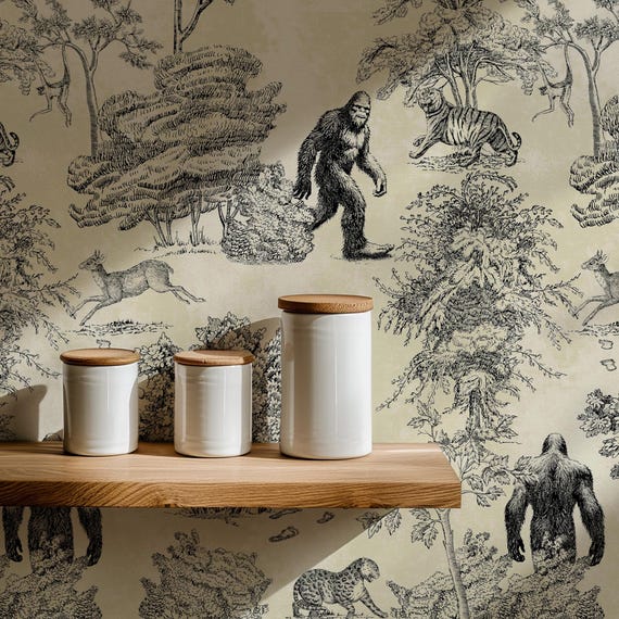Mystical Bigfoot Toile de Jouy Wallpaper, Enchanted Forest Scenes, Classic Wall Decor with Sasquatch, Yety Wall Art