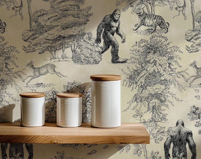 Mystical Bigfoot Toile de Jouy Wallpaper, Enchanted Forest Scenes, Classic Wall Decor with Sasquatch, Yety Wall Art