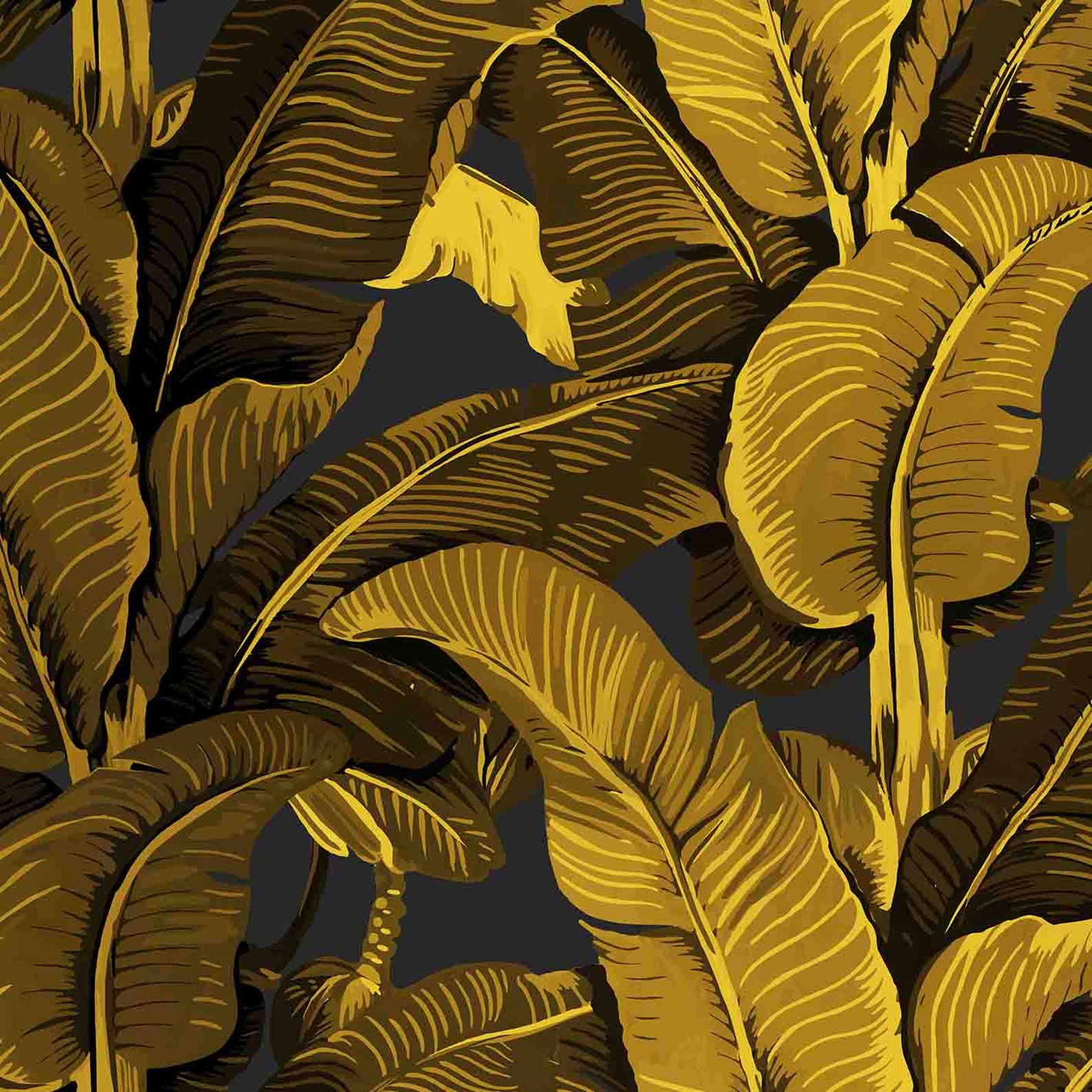 Gold Banana Leaf Wallpaper on Dark Gray Background for | Etsy