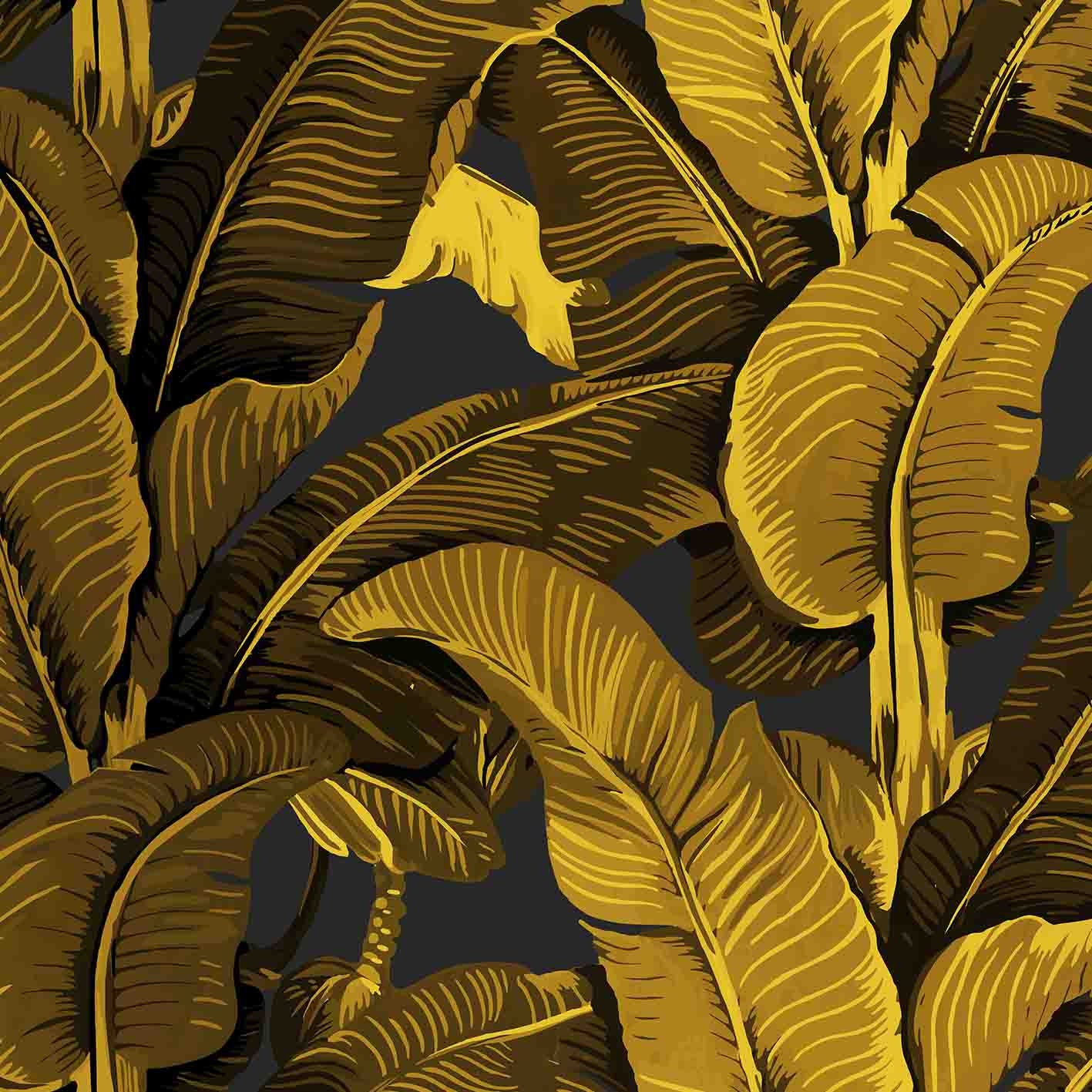 Gold Banana Leaf Wallpaper on Dark Gray Background for Tropical Beach