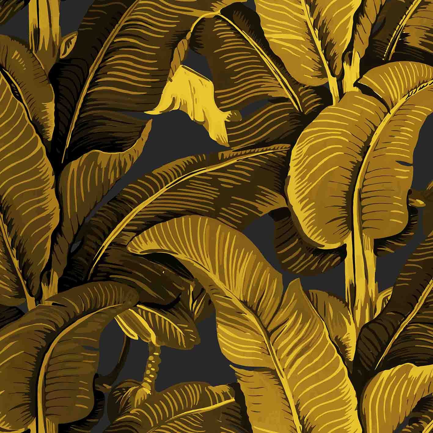 Gold Banana Leaf Wallpaper on Dark Gray Background for Tropical Beach