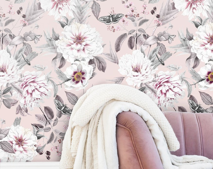 Shabby Chic Floral Wallpaper, Pastel Color Romantic Wall Art, Floral Peony Wildflowers Wall Decor