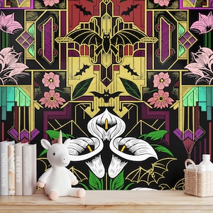 Carta da Parati Art Deco Gotica - Design di Pipistrelli e Fiori in Borgogna e Oro