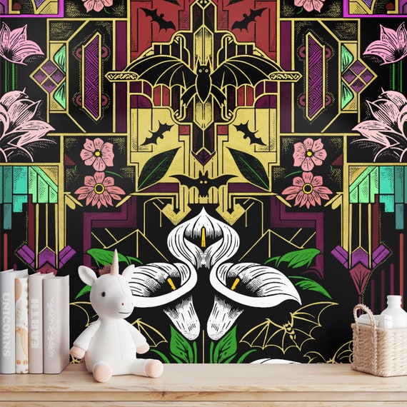 Art Deco Wallpaper - Gothic Bats & Floral Design in Burgundy and Gold, Vintage 1920s Elegance for Home Decor